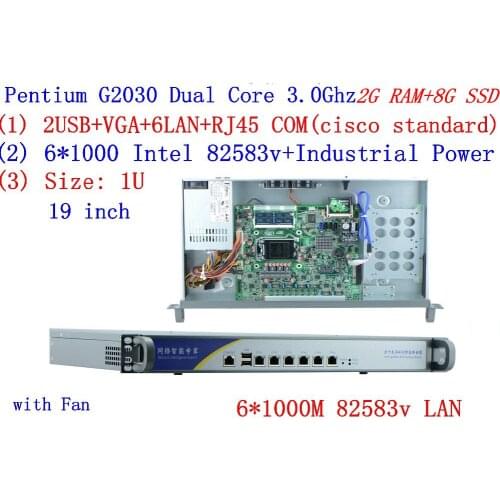 Industrial 1U Firewall 2G RAM 8G SSD Router with 6 *1000M INTEL 82583V Gigabit Intel Pentium G2030 3.0Ghz Mikrotik PFSense ROS