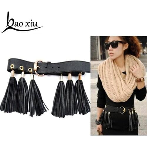 Newest Design Women waist belt Lovely womens leather tassel decorated belts female fashion pin buckle solid PU leather strap
