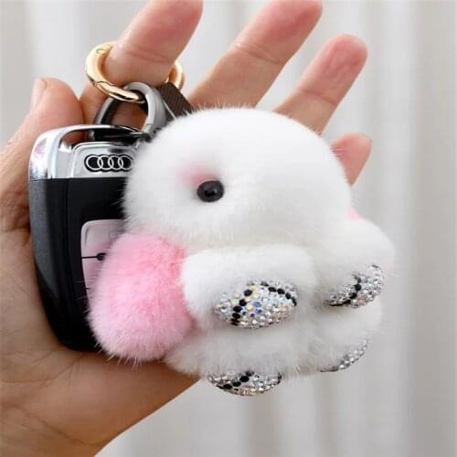 Real Mink Fur Rhinestone Mini Rabbit Keychain 8cm Bunny Key Ring Pompon Fur Key Chain Girl Bag Key Holder Women Jewelry Gift