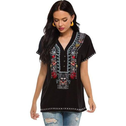 2021 New Summer Embroidered V-neck Short Sleeve Top Womens Short Jacket Pure Cotton Pullover