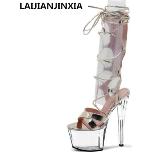 Women Clear Platform Party PU Leather Party 17cm High Heels Sexy Women Boots Lace Up Dancing Shoes Knee Boots Dance shoes B-083