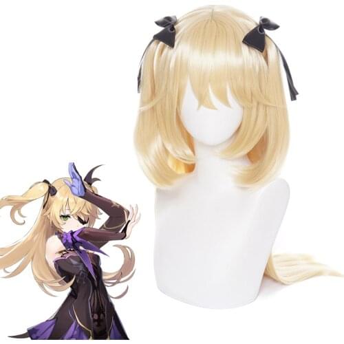 Fischl Golden Long Wig With Bowknot Headwear Cosplay Costume Heat Resistant Synthetic Hair Genshin Impact Women Party Wigs