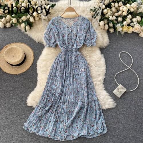Women Retro Floral Dress Korean Puff Sleeve V Neck A-line Dresses Summer Bohemian Print Casual Vacation Long Dress
