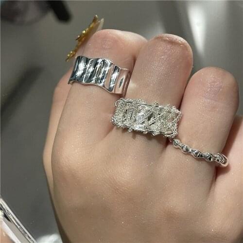Origin Summer Japanese Simple Wide Ring for Women Irregular Silver Color Metallic Chain Open Tassel Index Finger Ring Jewelry