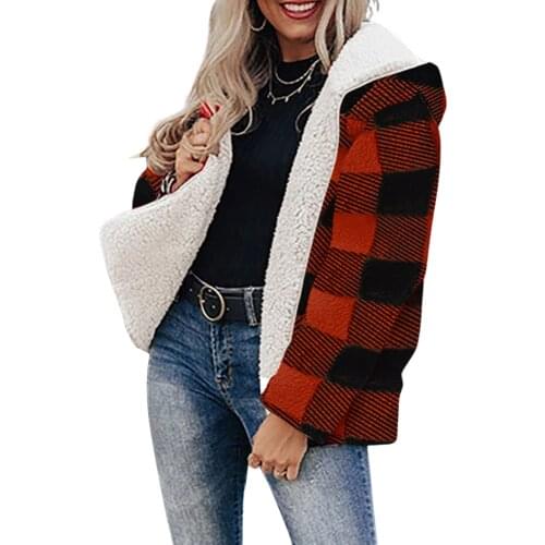 2021 Ladies Fall/Winter Loose Plush Hooded Coat, Plaid And Stripe Print Double-Sided Short Plush Warm Jacket Red/Khaki