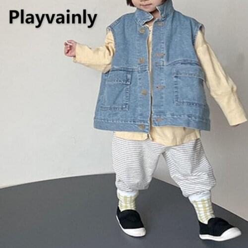 2021 Korean Style New Autumn Boys Girls Vest Blue Denim Sleeveless Pocket turn-down collar Casual Waistcoats Kids Clothes E312