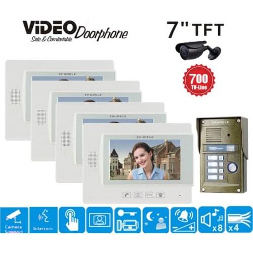 ZHUDELE 4-Apartment 7" LCD Monitor Speakerphone Intercom Color Video Door Phone Doorbell Access Control System IR Doorphone