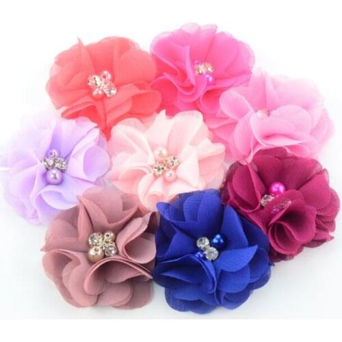 10pcs/lot DIY Mini Chiffon Flowers with Pearl Rhinestone For Girls Accessories New Hot Kids Hair Flowers