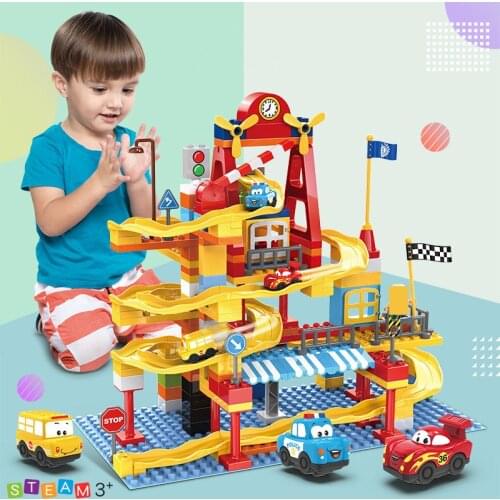 156Pcs Big Particle Raceway Bricks City Race Slide Car DIY Creator Building Blocks Sets Castle Educational Toys For Children