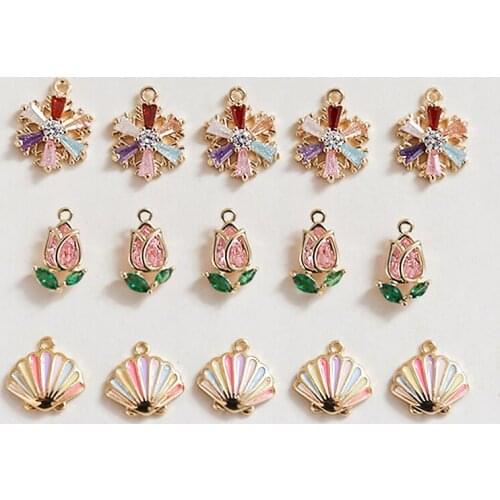 2pcs Copper-plated Flower Earrings Trendy snowflake tulip shell Rhinestone zircon diy necklace bracelet accessories material