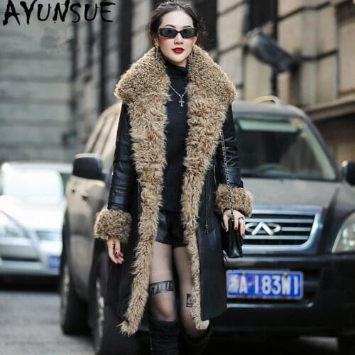 AYUNSUE Real Leather Jacket Winter Coat Women Natural Lamb Fur Collar Down Jacket Women Long Sheepskin Coat Chaqueta Mujer MY