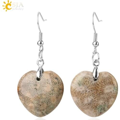 CSJA New Natural Chrysanthemum Stone Dangle Earrings Heart Ammonite Fossils Drop Earring for Female Fashion Jewelry Crafts G156