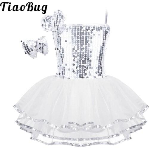 TiaoBug Kids Girls Spaghetti Straps Sequins Stage Performance Modern Jazz Dance Costume Children Dance Tutu Dress Hairclip Set