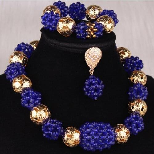 Dudo One Layer Royal Blue Crystal Beaded And Gold Balls African Nigerian Weddings Jewelry Set Beads Necklace Bracelet Earrings