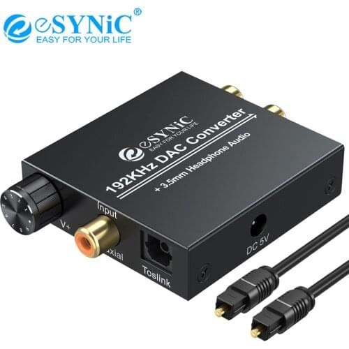 ESYNiC 192kHz DAC Digital To Analog Converter Coaxial SPDIF Toslink To Analog Stereo RCA 3.5mm Audio Adapter With Volume Control