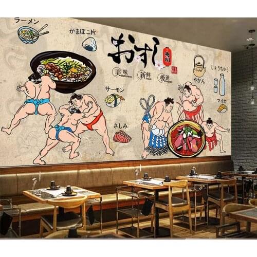 Retro hand-painted sumo samurai Japanese restaurant mural background wall