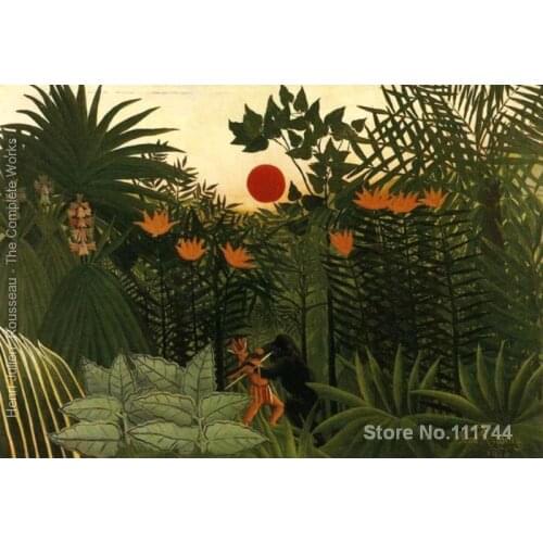 Canvas art Exotic Landscape Fight between Gorilla and Indian by Henri Rousseau paintings High quality Hand painted