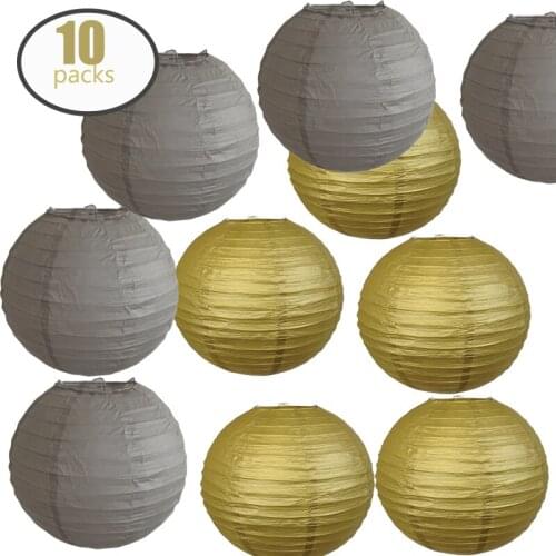 10 Pcs/set Gold and Grey Chinese Paper lampion Lantern for Vintage Wedding Birthday Party Hanging Outdoor Indoor Decor