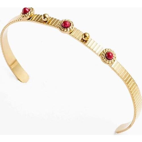 Stainless Steel Vintage Ethnic Red Stone Gold Women Bracelet Bangle Jewelry Gift For Him