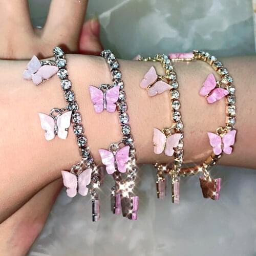 2020 New Crystal Tennis Chain Bracelet For Women Girls Purple Pink Acrylic Butterfly Pendant Bracelet Beach Jewelry Party Gift