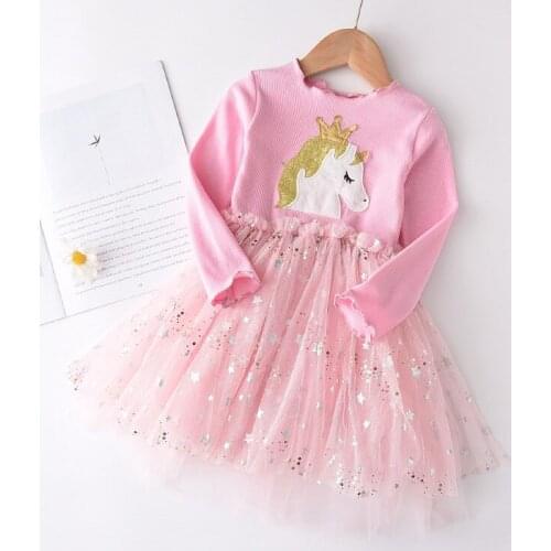 Girls Dresses 2021 New Spring Autumn Kid Clothes Unicorn Patchwork Mesh Dress Star Pattern Girl Princess Dresses Costumes 2-6T