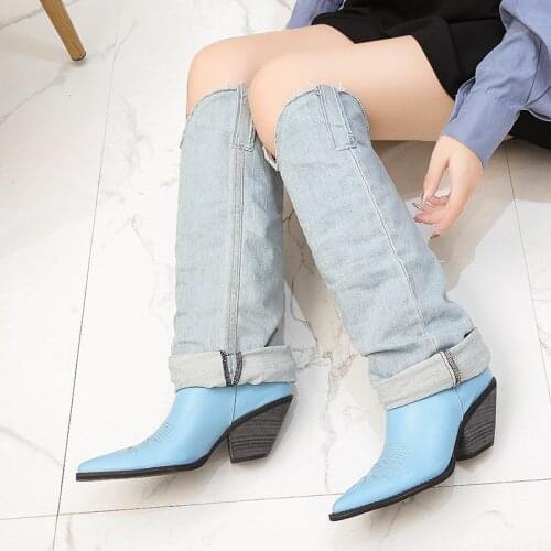 2021 Slim Stretch Jean Knee High Boots Women High Heels Boots Long Boots Winter Shoes For Ladies the Knee Boots Comfortable