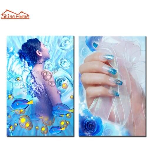 ShineHome-2pcs Canvas Prints Blue Wall Painting Modular Picture Spa Nail Body Salon Massage Yoga Cosmetology Artwork on Wall Art