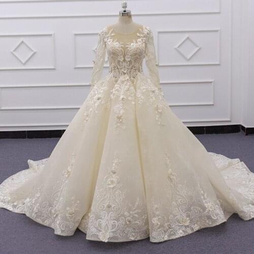 SJ196 actual photo champagne high necklace 3D lace luxury graceful gorgeous ball gown wedding dress