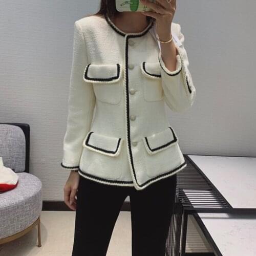 Style New style celebrity versatile knitting contrast stripe tweed pocket waistband crew jacket