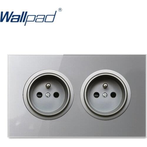 Wallpad Double French EU Standard Wall Socket Power Electric Outlet Grey Crystal Tempered Glass Panel 3x6 Frame146mm
