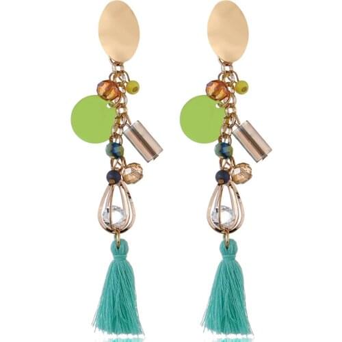 CRLEY Design New Green Color Round Crystal Teardrop Tassel Charms Long Drop Earrings for Women Fashion Earrings Jewelry Gifts