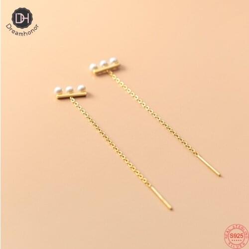Dreamhonor Solid 925 Sterling Silver Strand Pearl Long Chain Stud Earrings For Women Silver Jewelry Wholesale