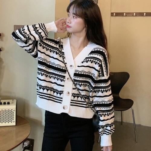Women Striped V-Neck Sweater Short Cardigan Tops Casual Long Sleeve Button Up Knitted Jacket