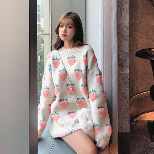 Peach Strawberry Sweater Female College Style 2020 New Loose Outer Wear Autumn Winter Thick Inner Wear o neck Fashion Pullover