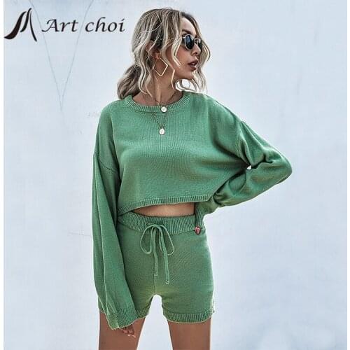 2021 Knitted 2 Two Piece Set Solid Tracksuit Casual Outfit Sweater Shorts Suits Women Jumper Pullover Tops Shorts Knitwear Sets