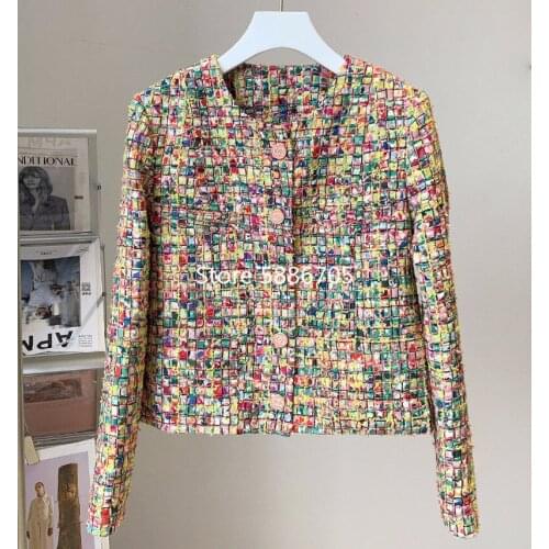 2021 autumn new Fashion Colorful Plaid Weaving Tweed Jacket Women O-neck Long Sleeve single breasted Vintage Coat Outwear A457