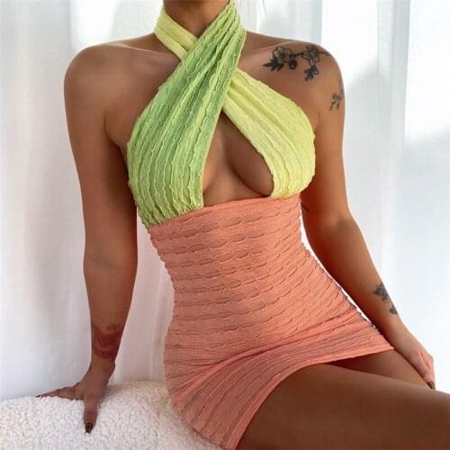 Halter Bodycon Dress Woman Summer Sleeveless Dress Sexy Wrap Beach Club Patchwork Party Mini Womens Dresses Evening Backless
