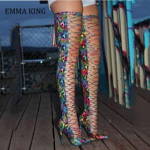 2021 Colorful Snake Women Thigh High Boots Sexy Snakeskin Over the Knee Summer Boots Zipper Party Women Boots Shoes Size 35-44