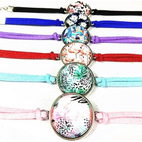 24pcs Flamingos, chrysanthemums,leopard print hand chain red blue pink Glass Ancient silver Charm bracelet for girls women