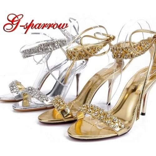 Ankle Straps Thin Heel Summer Sandals High Heel Rhinestone Woman Summer Dress Shoes Silver and Gold Color 9cm Party Pumps