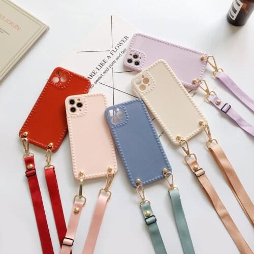 Solid Color Love Heart Soft TPU Phone Case For iPhone 7 8 Plus Xs Xr X 11 12 Mini Pro Max Necklace Lanyard Shoulder Strap Cover