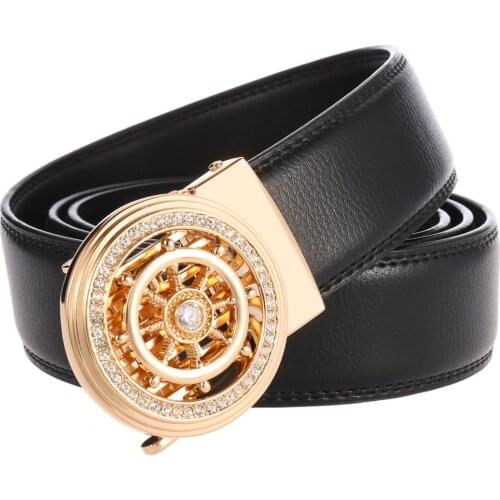 Designer Mens Leather Belt High Quality Gold Automatic Buckle Mens Ratchet Belt Luxury Formal Waist Strap Black Male 110-130cm