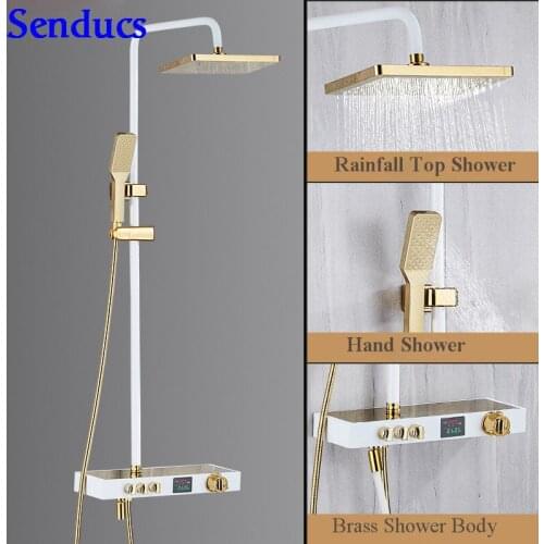 Senducs Interlligent Digital Shower System Luxury White Gold Digital Shower Set with High Quality Bathroom Gold Shower Series