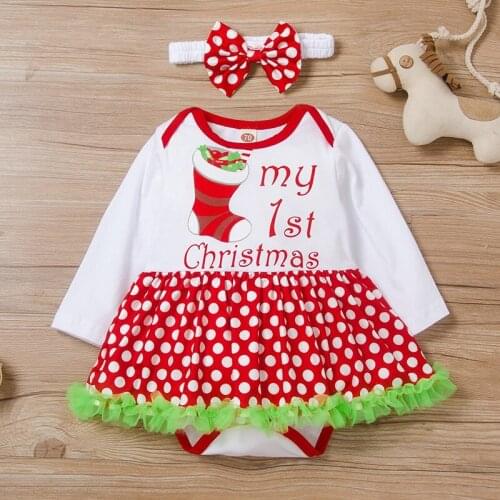 New Baby Girl Dress Christmas Clothes 2 Piece Christmas Letter Dot Patchwork Baby Girl Romper Dress+bow Headband Bodysuit 0-3Y
