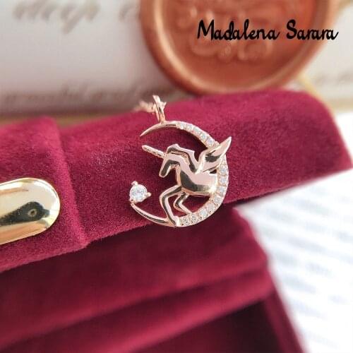 MADALENA SARARA Pure 18K Gold Moon Unicorn Pendant Diamond Inlaid Au750 Pure Gold Chain Necklace Fairy Tales Style