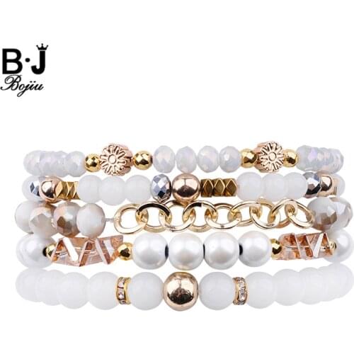 BOJIU 5 Pcs/Set Multilayer Women Bracelets White Crystal Glass Hematite Beads Chain Rondelle Charm Bracelets Femme Gift BCSET248