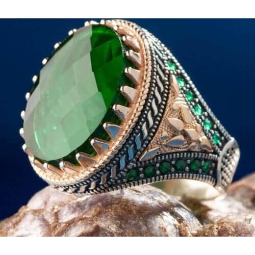 925 Silver Mens Ring With Green Zircon Ornament Stone Zirconia Ring For Men Fashionable Silver Ring