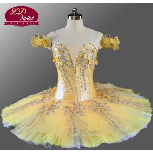 Girls Professional Ballet Tutu Yellow Gold Flower Fairy Pancake Nutcracker Ballerina Dress Pancake Ballet Tutu LD0076