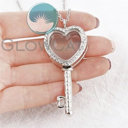 Rhinestone Heart Key Floating Locket Pendant Necklace Making Women Openable Magnetic Glass Locket ornaments Jewelry Wholesale