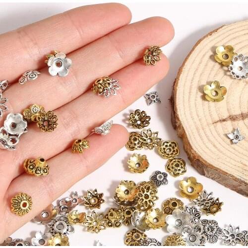 50pcs/lot 6-14mm Antique Gold Silver Color Tibetan Metal Flower Beads Caps End Caps For DIY Jewelry Making Findings Supplies